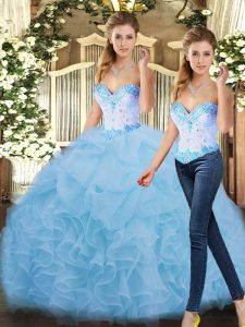 Inexpensive Sweetheart Sleeveless Lace Up Quinceanera Gown Blue Organza