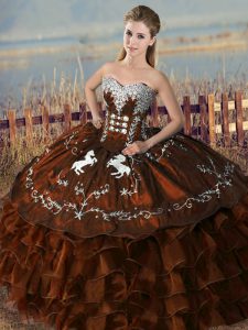 Gorgeous Brown Lace Up Quinceanera Dresses Embroidery and Ruffles Sleeveless Floor Length
