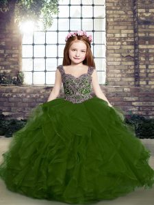  Olive Green Little Girl Pageant Dress Party and Military Ball and Wedding Party with Beading and Ruffles Straps Sleeveless Side Zipper