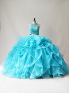 Vintage Aqua Blue Sleeveless Beading and Ruffles Floor Length Sweet 16 Quinceanera Dress