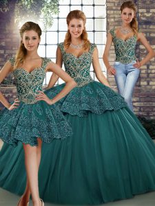  Green Lace Up Straps Beading and Appliques Sweet 16 Dresses Tulle Sleeveless