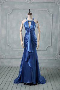 Fashionable Blue Sleeveless Brush Train Beading and Ruching Prom Party Dress