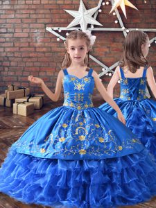 Cheap Royal Blue Sleeveless Embroidery and Ruffled Layers Floor Length Little Girls Pageant Gowns