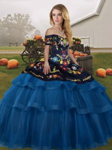 High Class Tulle Off The Shoulder Sleeveless Brush Train Lace Up Embroidery and Ruffled Layers Quinceanera Gown in Blue And Black 