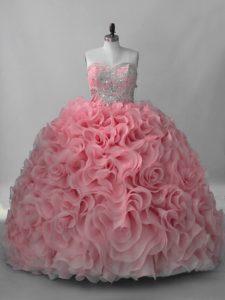  Pink Ball Gowns Sweetheart Sleeveless Fabric With Rolling Flowers Brush Train Lace Up Beading Sweet 16 Dress