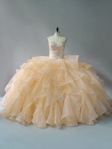  Organza Sweetheart Sleeveless Brush Train Lace Up Beading and Ruffles Sweet 16 Dresses in Gold