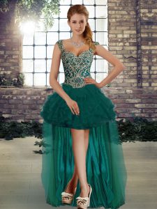 Luxury Straps Sleeveless Lace Up Dress for Prom Dark Green Organza