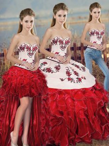 Sexy Ball Gowns Sweet 16 Quinceanera Dress White And Red Sweetheart Organza Sleeveless Floor Length Lace Up