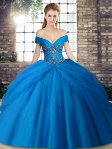  Blue Sleeveless Beading and Pick Ups Lace Up Quinceanera Dresses