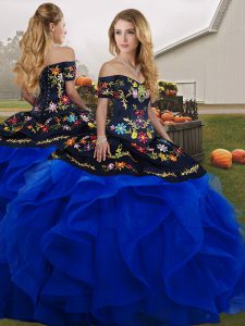 Beauteous Blue And Black Lace Up Sweet 16 Quinceanera Dress Embroidery and Ruffles Sleeveless Floor Length