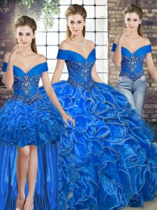  Royal Blue Three Pieces Organza Off The Shoulder Sleeveless Beading and Ruffles Floor Length Lace Up Ball Gown Prom Dress