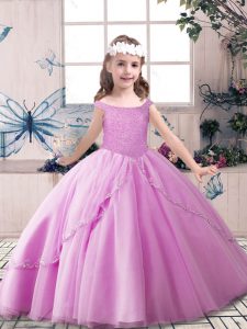 Modern Floor Length Ball Gowns Sleeveless Lilac Pageant Gowns For Girls Lace Up