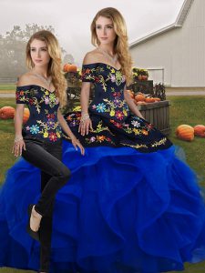  Blue And Black Off The Shoulder Neckline Embroidery and Ruffles Quinceanera Gowns Sleeveless Lace Up