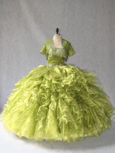 Excellent Olive Green Organza Lace Up Scoop Sleeveless Floor Length Quinceanera Gowns Beading and Ruffles
