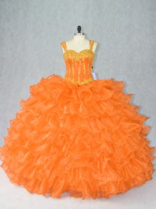Beautiful Ball Gowns Vestidos de Quinceanera Orange Straps Organza Sleeveless Floor Length Lace Up