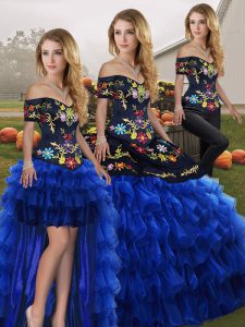  Blue And Black Three Pieces Organza Off The Shoulder Sleeveless Embroidery and Ruffled Layers Floor Length Lace Up Sweet 16 Dress