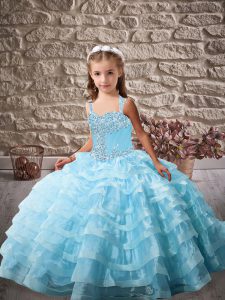  Baby Blue Ball Gowns Beading and Ruffled Layers Child Pageant Dress Lace Up Organza Sleeveless