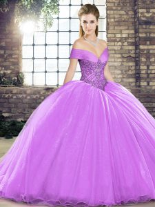Decent Brush Train Ball Gowns Vestidos de Quinceanera Lavender Off The Shoulder Organza Sleeveless Lace Up