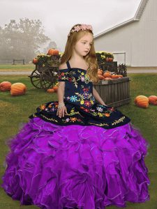 Admirable Straps Sleeveless Lace Up Kids Pageant Dress Eggplant Purple and Purple Organza