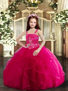  Hot Pink Tulle Lace Up Child Pageant Dress Sleeveless Floor Length Beading and Ruffles