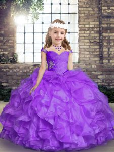  Lavender Straps Neckline Beading and Ruffles Girls Pageant Dresses Sleeveless Lace Up