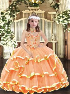  Ball Gowns Pageant Gowns For Girls Orange Halter Top Organza Sleeveless Floor Length Lace Up