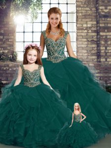 Top Selling Floor Length Peacock Green 15th Birthday Dress Straps Sleeveless Lace Up