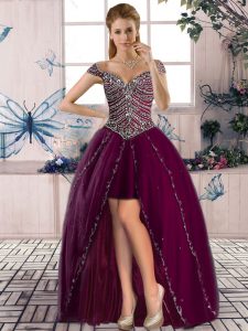  High Low Burgundy Prom Gown Off The Shoulder Sleeveless Lace Up