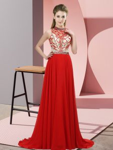 Flare Red Prom Evening Gown Prom and Party with Beading Halter Top Sleeveless Brush Train Backless