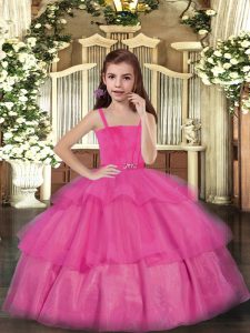 Popular Straps Sleeveless Lace Up Pageant Gowns For Girls Hot Pink Tulle