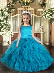  Blue Ball Gowns Ruffles Little Girl Pageant Dress Lace Up Tulle Sleeveless Floor Length