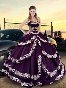  Purple Ball Gowns Sweetheart Sleeveless Satin and Silk Like Satin Floor Length Lace Up Embroidery and Ruffled Layers 15th Birthday Dress