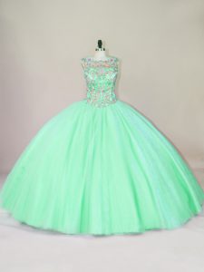 Fabulous Apple Green Ball Gowns Scoop Sleeveless Tulle Floor Length Lace Up Beading Sweet 16 Quinceanera Dress