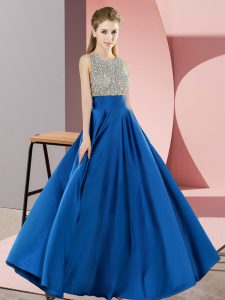 Dramatic Blue Empire Beading Prom Gown Backless Elastic Woven Satin Sleeveless Floor Length