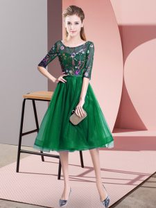 New Style Dark Green Tulle Lace Up Scoop Half Sleeves Knee Length Court Dresses for Sweet 16 Embroidery