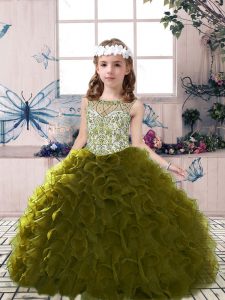  Olive Green Tulle Lace Up Kids Pageant Dress Sleeveless Floor Length Beading and Ruffles