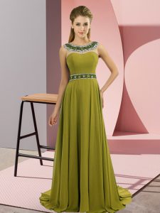 Dazzling Olive Green Empire Beading Dress for Prom Zipper Chiffon Sleeveless
