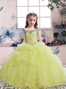 Pretty Yellow Ball Gowns Beading Little Girls Pageant Dress Lace Up Tulle Sleeveless Floor Length