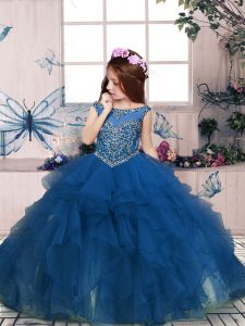 Fantastic Sleeveless Organza Floor Length Zipper Child Pageant Dress in Teal with Beading and Ruffles