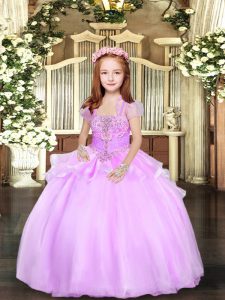 Super Floor Length Lace Up Kids Formal Wear Lilac for Party and Wedding Party with Beading