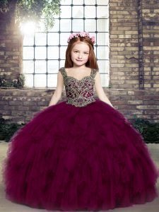 Pretty Floor Length Fuchsia Little Girl Pageant Gowns Straps Sleeveless Lace Up