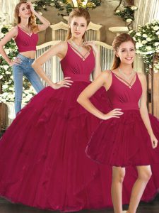 Superior Tulle V-neck Sleeveless Lace Up Ruffles Quinceanera Dress in Red
