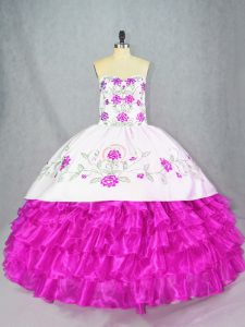 Fuchsia Ball Gowns Sweetheart Sleeveless Organza Floor Length Lace Up Embroidery and Ruffled Layers Sweet 16 Quinceanera Dress