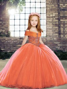  Floor Length Lace Up Little Girl Pageant Dress Orange Red for Party and Sweet 16 and Wedding Party with Beading