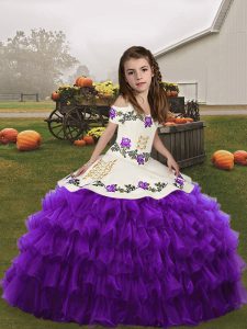  Eggplant Purple Ball Gowns Straps Sleeveless Organza Floor Length Lace Up Embroidery and Ruffled Layers Pageant Gowns For Girls