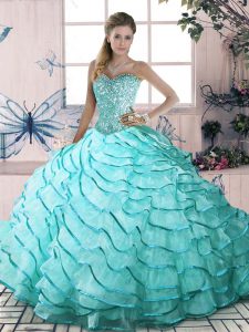  Sleeveless Organza Brush Train Lace Up Quinceanera Gown in Aqua Blue with Beading and Ruffled Layers