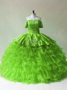  Ball Gowns Off The Shoulder Sleeveless Organza Floor Length Lace Up Embroidery and Ruffled Layers Quinceanera Dresses