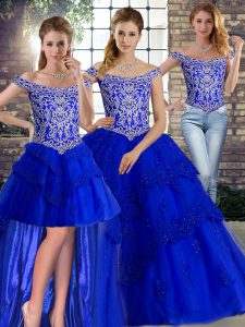Sophisticated Sleeveless Beading and Lace Lace Up Sweet 16 Dress with Royal Blue Brush Train