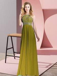  Floor Length Olive Green Prom Dress Chiffon Sleeveless Beading