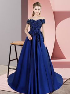 Blue Off The Shoulder Zipper Lace Quince Ball Gowns Court Train Sleeveless